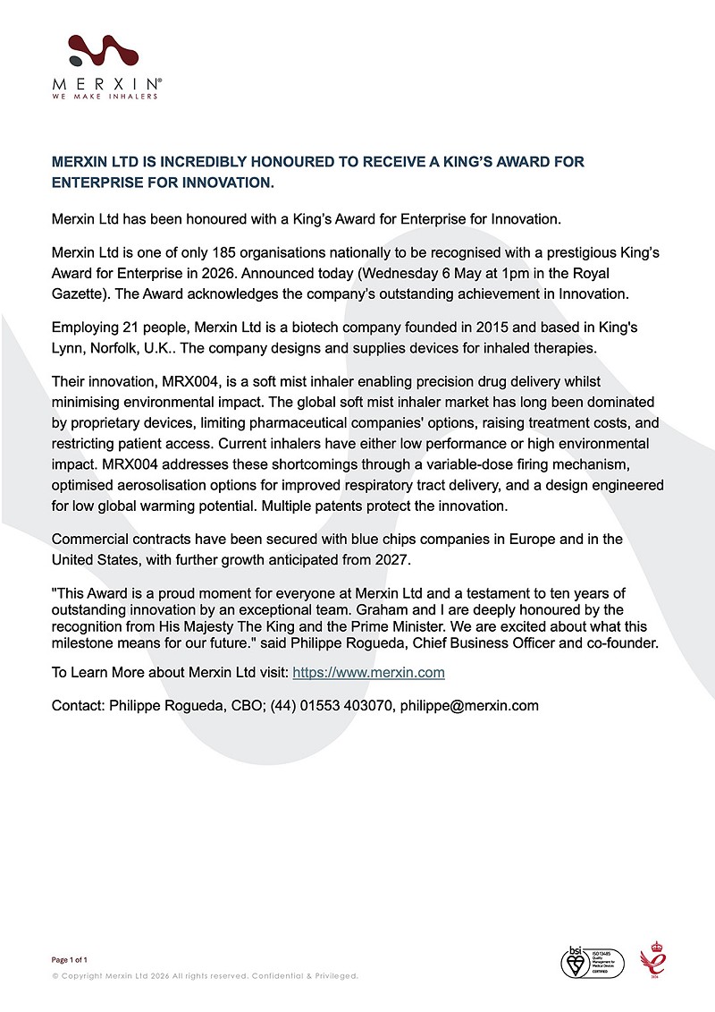 Press Release - King’s Award for Enterprise for Innovation