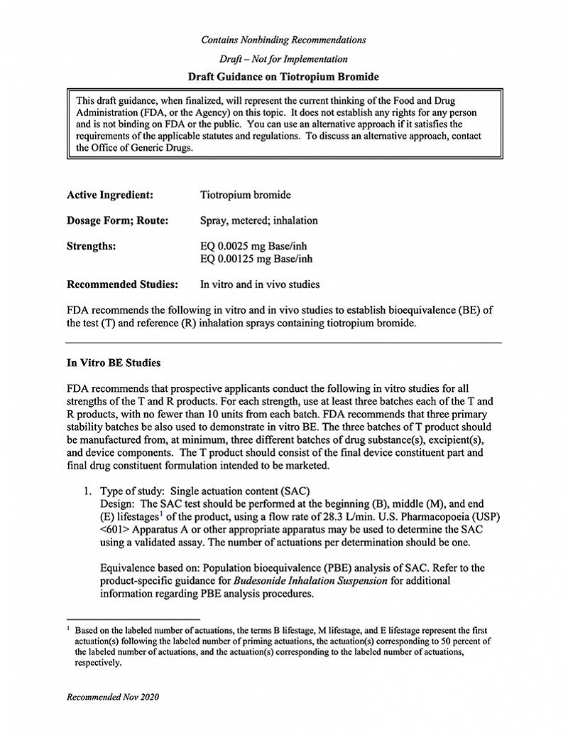 FDA Draft Guidance on Tiotropium Bromide